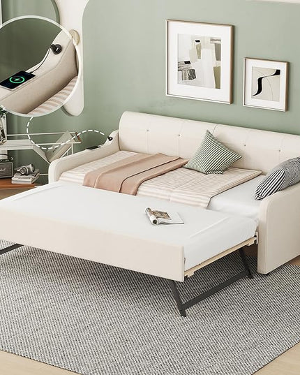 Twin Size Daybed Frame with Pop up Trundle,Upholstered Day Bed with Charging Station,Daybed with Trundle Bed Twin,Wood Sofa Bed Frame with USB for Bedroom,Living Room,Guest,Office,Twin,Beige - LeafyLoom