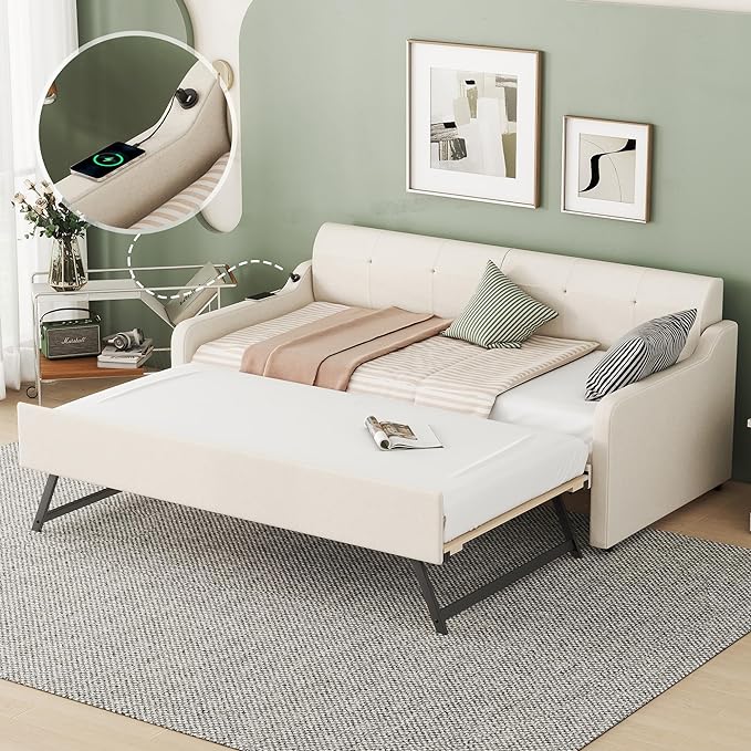 Twin Size Daybed Frame with Pop up Trundle,Upholstered Day Bed with Charging Station,Daybed with Trundle Bed Twin,Wood Sofa Bed Frame with USB for Bedroom,Living Room,Guest,Office,Twin,Beige - LeafyLoom