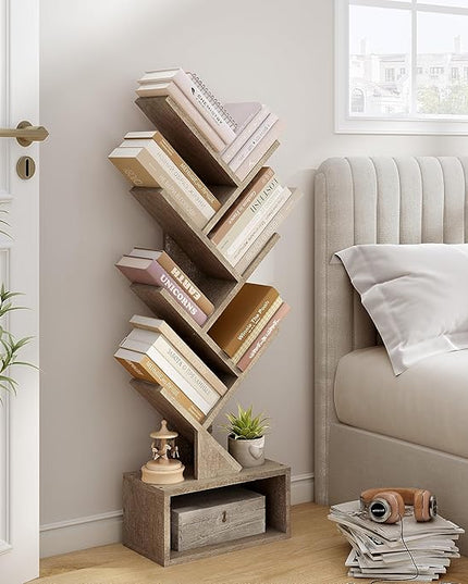 Hoctieon 6 Tier Tree Bookshelf, Tall Bookcase with Drawer, Freestanding Book shelf, Display Floor Standing Storage Shelf, Book Organizer Shelves for Home Office, Living Room, Bedroom, Greige - LeafyLoom