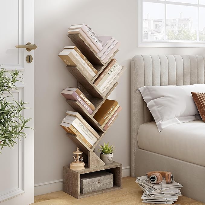 Hoctieon 6 Tier Tree Bookshelf, Tall Bookcase with Drawer, Freestanding Book shelf, Display Floor Standing Storage Shelf, Book Organizer Shelves for Home Office, Living Room, Bedroom, Greige - LeafyLoom