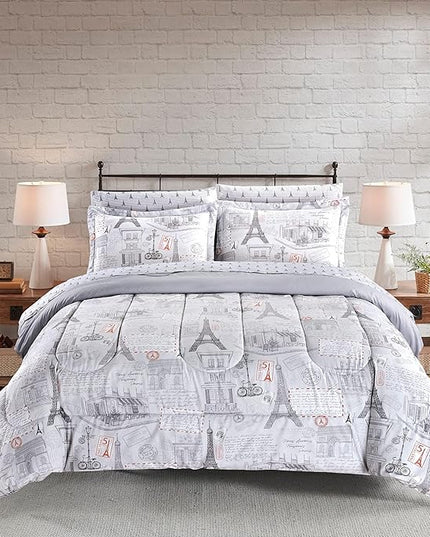 Printed Queen Bedding Sets with Comforter and Sheets, 7 Piece Bed in A Bag Comforter Set with Fluffy Microfiber, Vintage French Paris City Retro Eiffel Tower Pattern - LeafyLoom