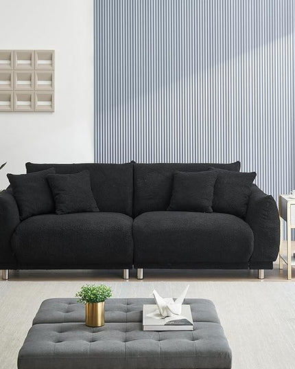 Modular Teddy Fleece Cloud 3 Seater Sofa Deep Seat Upholstered W/Metal Legs, Comfy Leisure Couch Beautiful Shape Bread Sofa&Couch with 4 Pillows for Living Room, 86.6", Black-1658 - LeafyLoom