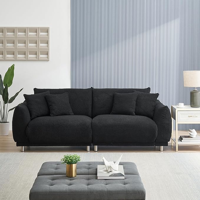 Modular Teddy Fleece Cloud 3 Seater Sofa Deep Seat Upholstered W/Metal Legs, Comfy Leisure Couch Beautiful Shape Bread Sofa&Couch with 4 Pillows for Living Room, 86.6", Black-1658 - LeafyLoom