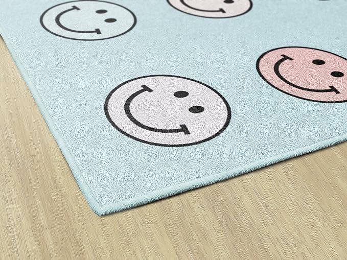 Flagship Carpets Schoolgirl Style Pastel Rainbow Smileys Criss-Cross Applesauce Educational Area Rug for Kids Room, Children's Classroom for Teaching and Playroom, 5' x 7'6", Multi, Seats 20 - LeafyLoom