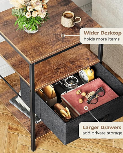 SUPERJARE Night Stand with Charger Station, 27.7 Inch Tall Nightstand with Adjustable Fabric Drawer, Bed Side Table, Fabric Drawer Dresser for Bedroom, Living Room, Rustic Brown and Black - LeafyLoom