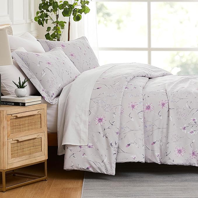 Southshore Fine Living, Inc. 3-Piece Oversized King Comforter Set, Down Alternative All-Season Comforter with Matching Shams, Soft Floral Bedspread for King or Cal King Beds, Secret Meadow Grey - LeafyLoom