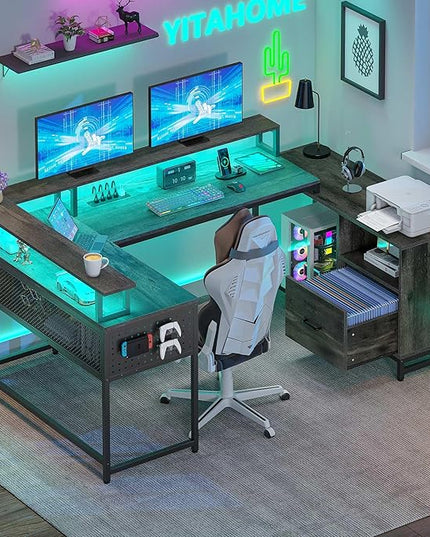 YITAHOME U Shaped Desk, L Shaped Desk with Drawers, Reversible Computer Desk with Power Outlets & LED Lights, Corner Desk Office Desk with Monitor Stand & Storage Shelves, Grey - LeafyLoom