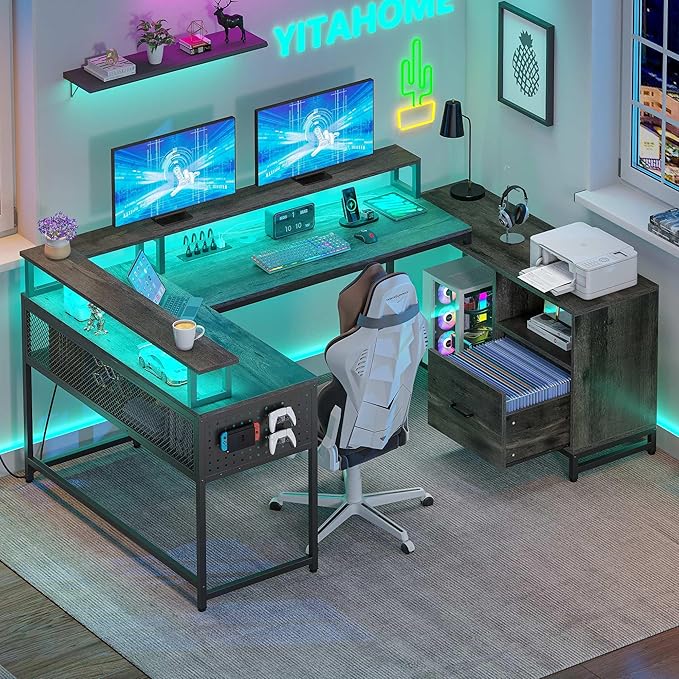 YITAHOME U Shaped Desk, L Shaped Desk with Drawers, Reversible Computer Desk with Power Outlets & LED Lights, Corner Desk Office Desk with Monitor Stand & Storage Shelves, Grey - LeafyLoom