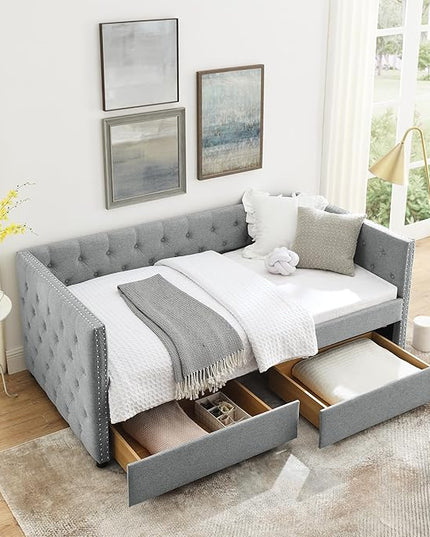 RITSU Twin Size Upholstered Daybed, Pull Out with Two Storage Drawers, Solid Wood Frame Sofa Bed, Tufted Buttons and Copper Nails On Square Arms, for Bedrooms, Apartments, 82.75, Grey-1 - LeafyLoom