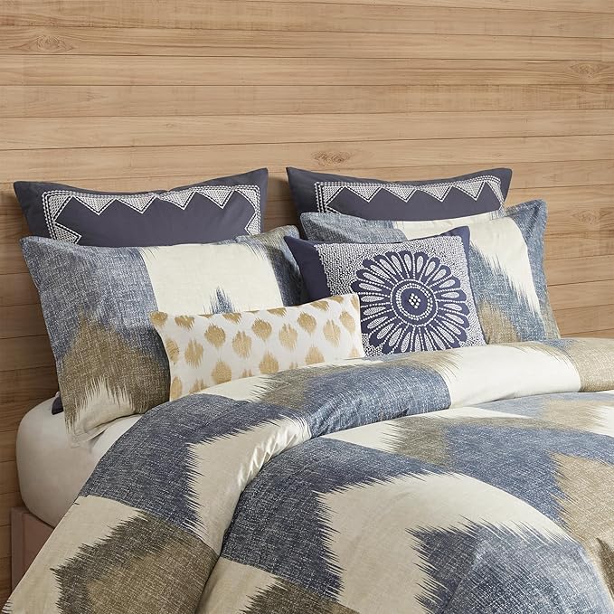 INK+IVY Queen Size Comforter Set, Cozy Cotton Comforter, All Season, Lightweight Comforter Queen Bed Set with 2 Matching Shams, Modern Cabin Lodge Ikat Chevron Design, Navy Full/Queen 3 Piece - LeafyLoom