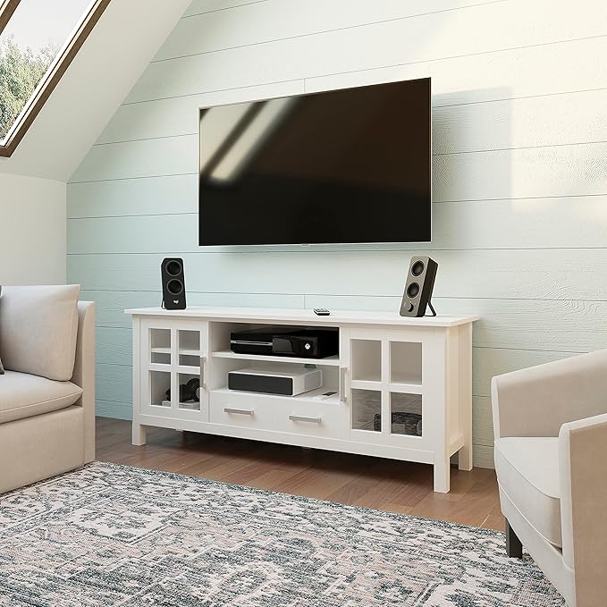 SIMPLIHOME Kitchener SOLID WOOD 60 Inch Wide Contemporary TV Media Stand in White for TVs up to 65 Inches, For the Living Room and Entertainment Center - LeafyLoom