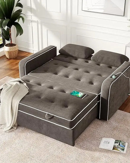 3 in 1 Multi-Functional Pull Out Sofa Bed , Linen Upholstered Convertible Sleeper Loveseat Couch Guest Daybed with Adjustable Backrest and Dual USB Charging Port for Living Room Office RV Furniture - LeafyLoom