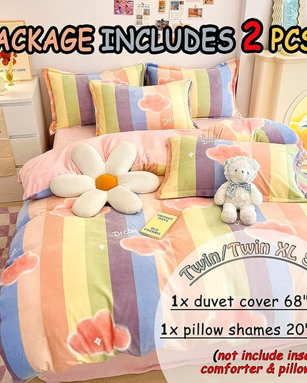 MorroMorn Twin Bedding Sets, Pink Rainbow Stripe Duvet Cover Set, Fluffy Comforter Covers Plush Blanket Ultra Soft Kawaii Cute for Girls Kids Toddler Teen Women Twin/Twin XL Size - LeafyLoom