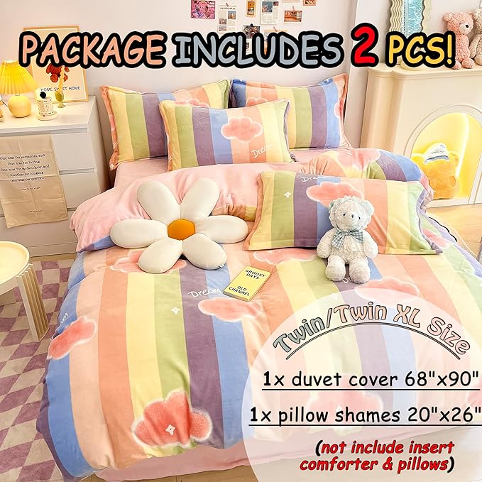 MorroMorn Twin Bedding Sets, Pink Rainbow Stripe Duvet Cover Set, Fluffy Comforter Covers Plush Blanket Ultra Soft Kawaii Cute for Girls Kids Toddler Teen Women Twin/Twin XL Size - LeafyLoom