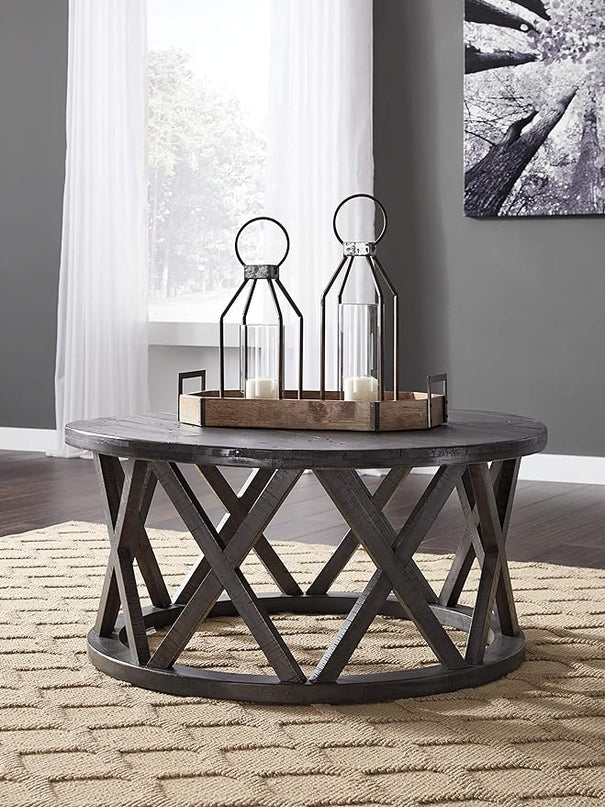 Signature Design by Ashley Sharzane Rustic Round Solid Wood Pine Coffee Table, Weathered Gray Finish - LeafyLoom