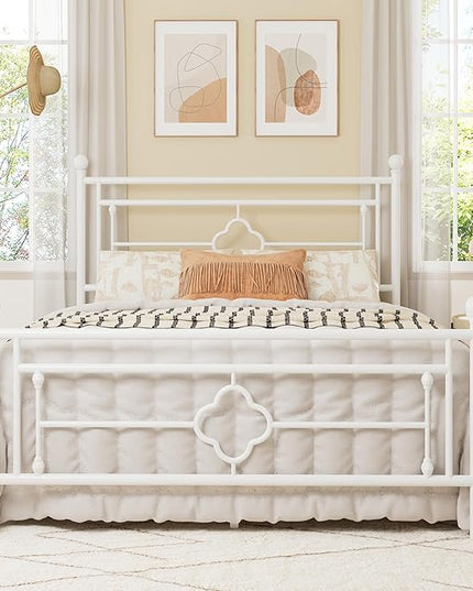 Allewie Queen Size Metal Platform Bed Frame with Victorian Vintage Headboard and Footboard/Mattress Foundation/Under Bed Storage/No Box Spring Needed/Noise-Free/Easy Assembly, White - LeafyLoom