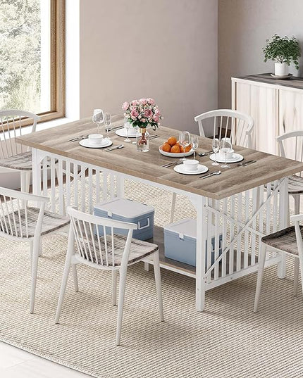 DWVO 70.8" Large Kitchen Dining Table for 6-8 People, Farmhouse Industrial Kitchen Table with Storage, Rectangle Apartment Rustic Dinning Room Dinette Tables for Eating Dinner - LeafyLoom