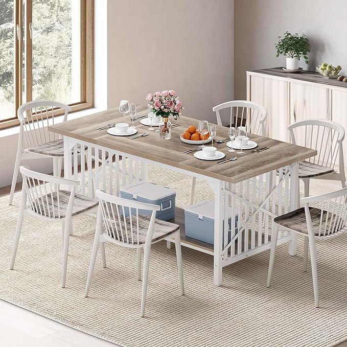 DWVO 70.8" Large Kitchen Dining Table for 6-8 People, Farmhouse Industrial Kitchen Table with Storage, Rectangle Apartment Rustic Dinning Room Dinette Tables for Eating Dinner - LeafyLoom