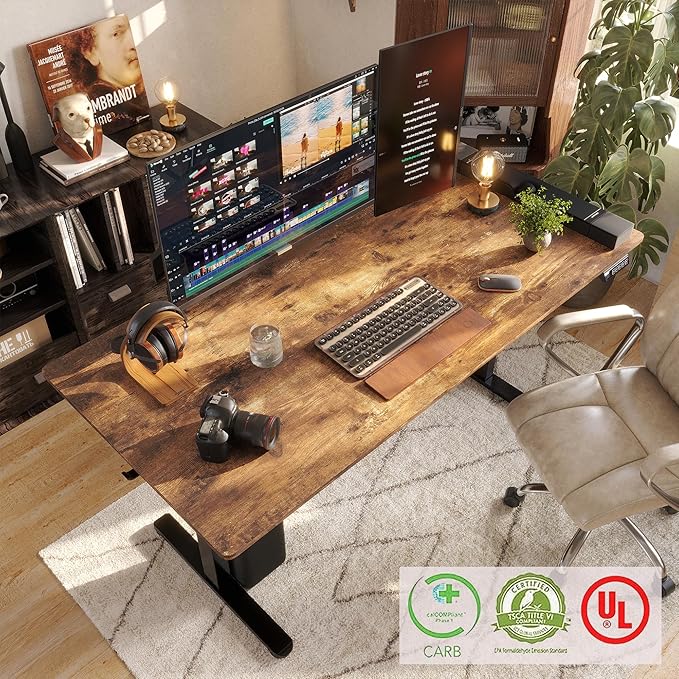 Monomi Electric Standing Desk, 63 x 28 inches Height Adjustable Desk, Ergonomic Home Office Sit Stand Up Desk with Memory Preset Controller (Rustic Brown Top/Black Frame) - LeafyLoom