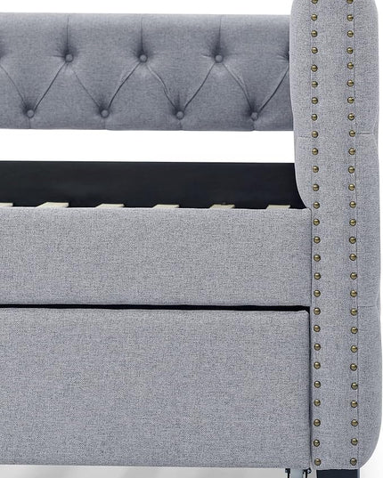 RITSU Modern Daybed with Casters, Upholstered Tufted Pull-Out Sofa Bed, Linen Solid Wood Structure, Square Arms w/Buttons and Copper Nails Accent, Suitable for Bedroom, Apartment, 85.00, Grey-2 - LeafyLoom