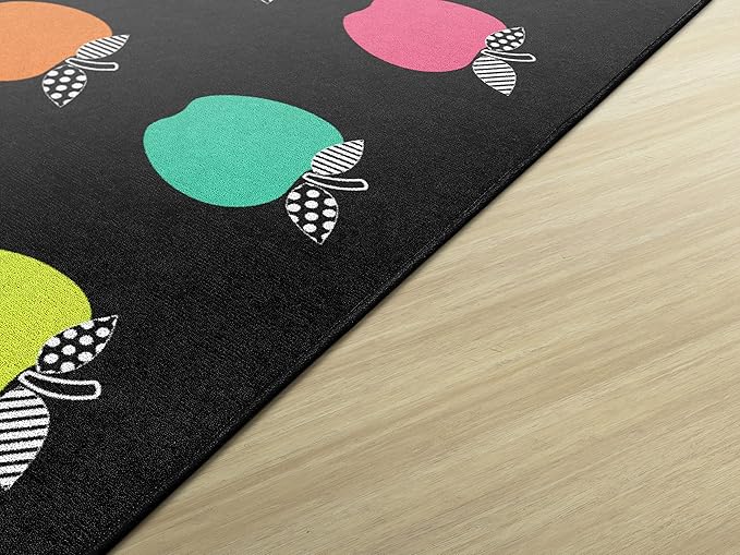 Flagship Carpets Schoolgirl Style Stylish Black & White Brights Apple Sit Spot Classroom Area Rug for Indoor Classroom Learning or Kid Bedroom Educational Play Mat, 5'x7'6", Multi - LeafyLoom