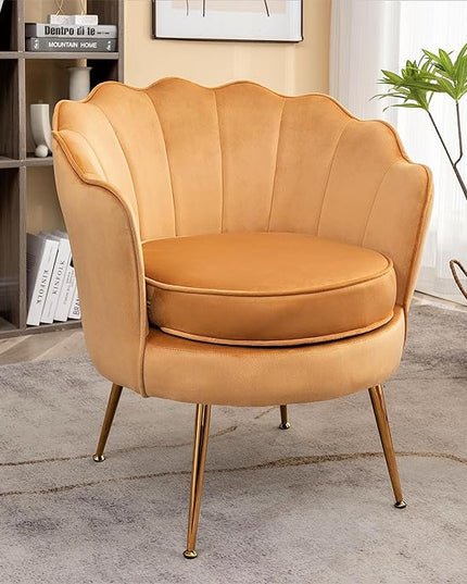 Velvet Barrel Accent Chair with Scalloped Silhouette and Gold Metal Legs, Decorative Piece Suitable for Traditional, Modern, and Contemporary Spaces, Mustard Yellow - LeafyLoom