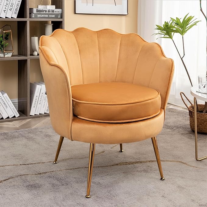 Velvet Barrel Accent Chair with Scalloped Silhouette and Gold Metal Legs, Decorative Piece Suitable for Traditional, Modern, and Contemporary Spaces, Mustard Yellow - LeafyLoom