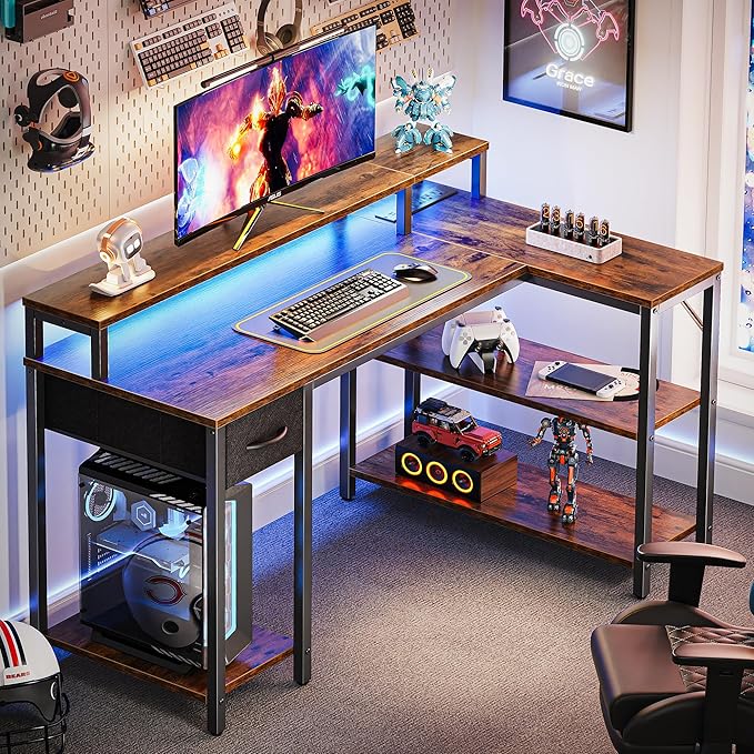 SUPERJARE 47 inch Reversible L Shaped Desk with LED Lights & Power Outlets, Computer Desk with Shelves & Monitor Stand, Gaming Desk with Drawer, Home Office Desk Corner Desk, Rustic Brown - LeafyLoom