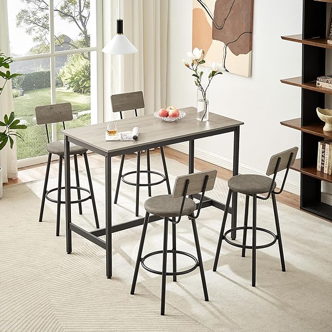 NicBex Dining Room Table Set for 4 Breakfast Nook Table Set Pub High Dining Table 5 Piece Set with 4 Pu Leather Bar Chairs for Kitchen Dining Room, Industrial Style, Grey - LeafyLoom
