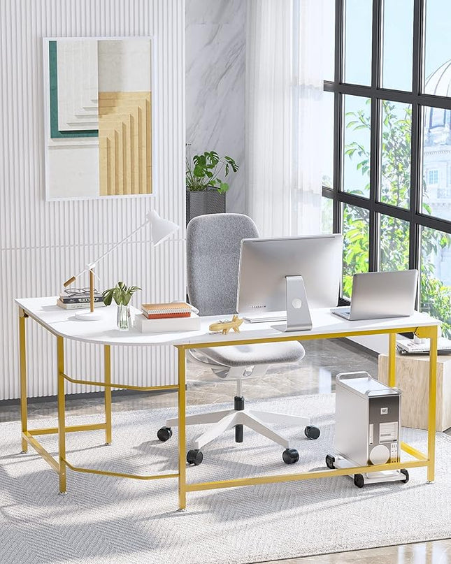 Teraves Modern L-Shaped Desk 66'' Corner Computer Desk Home Office Study Workstation Wood & Steel PC Laptop Gaming Table - LeafyLoom