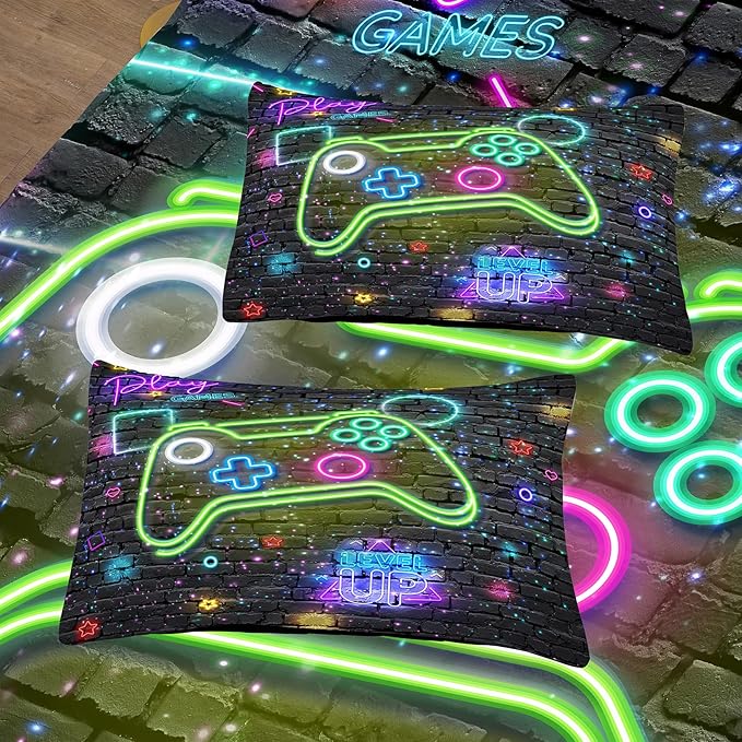 Gamer Comforter Sets for Boys, Twin Boys Bedding Set, 5 Piece Bed in a Bag Twin Boys, Teen Boy Comforter Set, Gamer Bedding Set with Flat Sheet, Fitted Sheet - LeafyLoom