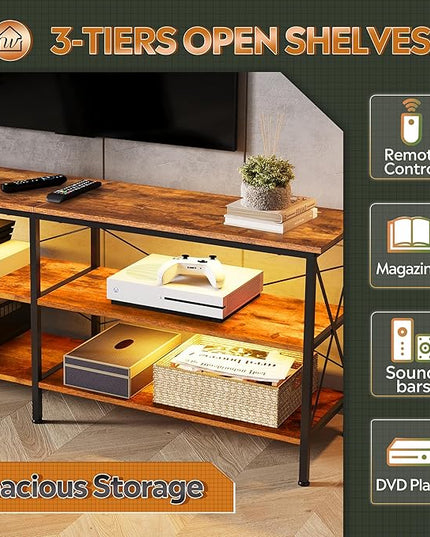 WLIVE TV Stand up to 70 Inch TV, 63" Entertainment Center with LED, TV Media Console with 3-Tier Storage Shelves for Living Room and Bedroom, Rustic Brown - LeafyLoom