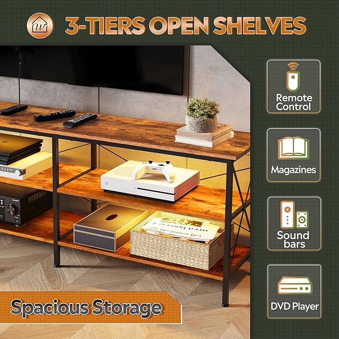 WLIVE TV Stand up to 70 Inch TV, 63" Entertainment Center with LED, TV Media Console with 3-Tier Storage Shelves for Living Room and Bedroom, Rustic Brown - LeafyLoom