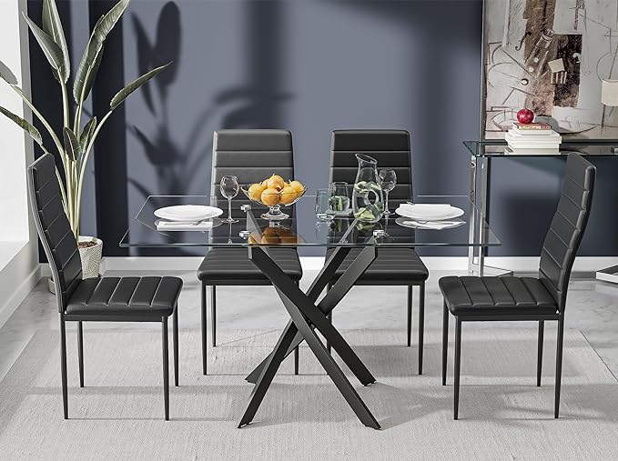 Tempered Glass Dining Table with Black Metal Legs, 47" Modern Rectangular Kitchen Table for Dining Room Kitchen,Black - LeafyLoom