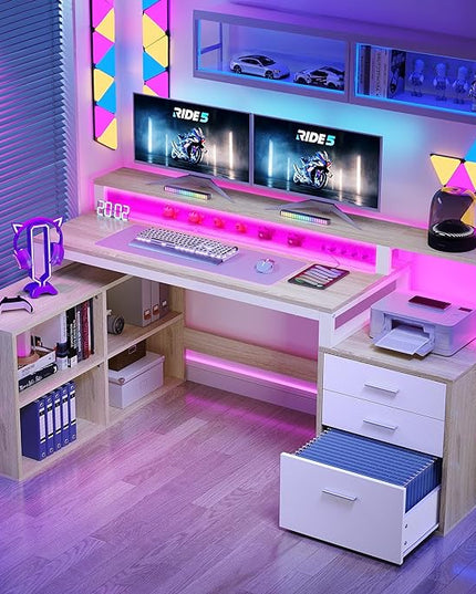 DWVO L Shaped Desk with Power Outlets & LED Lights, 65" Computer Desk with Drawers, Corner Desk Office Desk with File Cabinet & Printer Stand, ﻿White & Oak - LeafyLoom