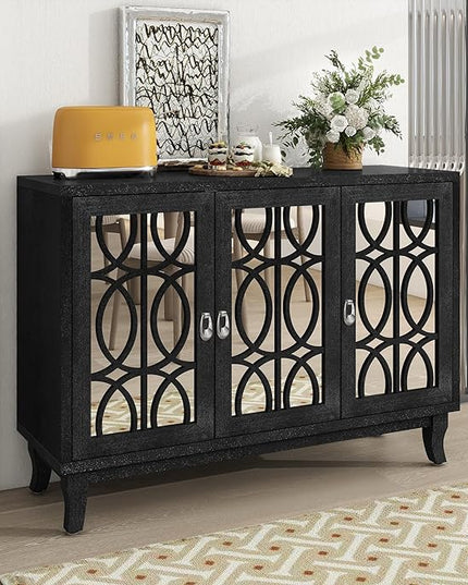 Multifunctional Sideboard with Glass, Vintage 3 Door Mirrored Buffet Cabinet,W/Silver Handle,Easy to Assemble,Console Table for Living Room Hallway Entryway,Black, 47.2" - LeafyLoom
