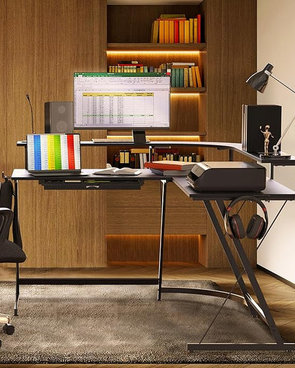 SHW Vista L Desk with U Monitor Stand and Drawer, Black - LeafyLoom