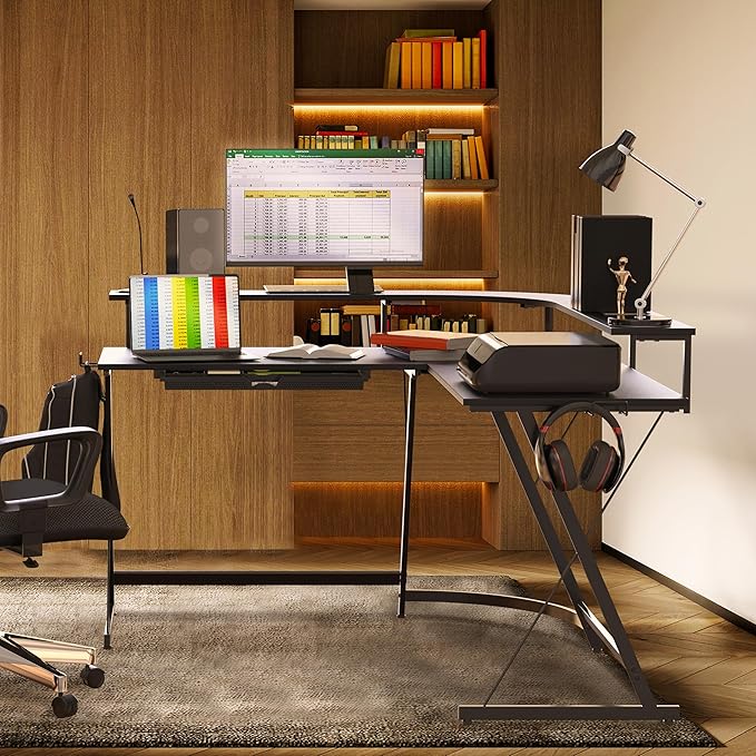 SHW Vista L Desk with U Monitor Stand and Drawer, Black - LeafyLoom