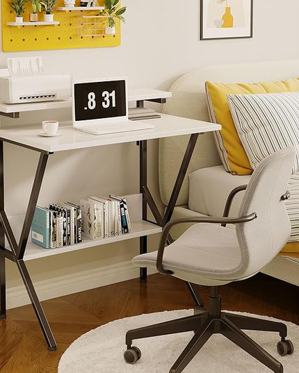 COTUBLR Small Desk, 27.5 Inch Small Computer Desk for Small Spaces, Computer Desk with Adjustable Monitor Stand, Compact Desk with Storage, Tiny Desk Study Desk for Bedroom Home Office, White - LeafyLoom