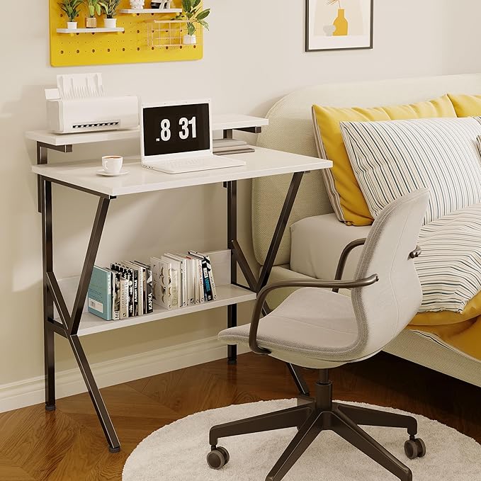 COTUBLR Small Desk, 27.5 Inch Small Computer Desk for Small Spaces, Computer Desk with Adjustable Monitor Stand, Compact Desk with Storage, Tiny Desk Study Desk for Bedroom Home Office, White - LeafyLoom