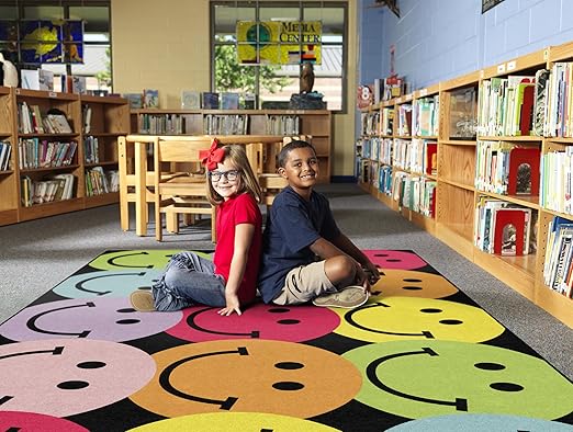Flagship Carpets Schoolgirl Style Big Rainbow Smiley Faces Educational Area Rug for Kids Room Seating Décor, Children's Classroom, Play Carpet for Teaching and Playroom, 7'6" x 12', Black & Multi - LeafyLoom