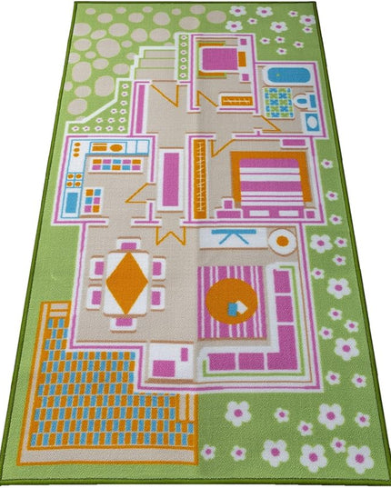 Kids Carpet Playmat Rug Play Time! Fun House Great for Playing with Dolls Mini People Figures Cars, Toys - Play Safe & Have Fun - Children Play Mat, Game Area Includes - LeafyLoom
