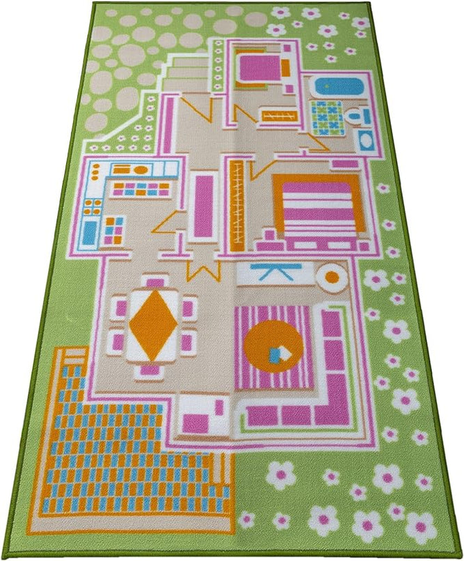 Kids Carpet Playmat Rug Play Time! Fun House Great for Playing with Dolls Mini People Figures Cars, Toys - Play Safe & Have Fun - Children Play Mat, Game Area Includes - LeafyLoom