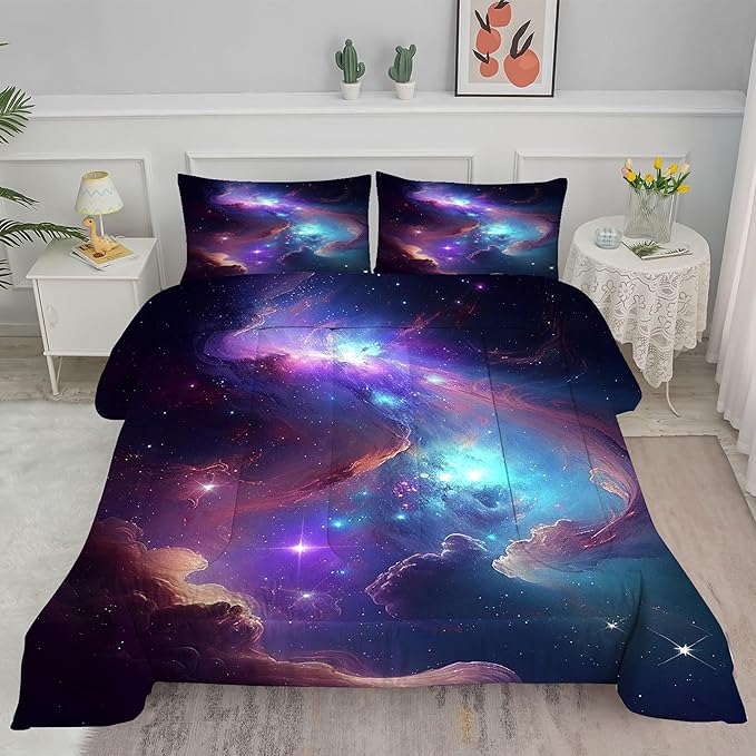 Galaxy Bedding Set Twin Size Blue Purple Outer Space Comforter Sets for Girls Boys Kids Teens Women Starry Glitter Nebula Quilt 1 Comforter + 1 Pillow Case - LeafyLoom