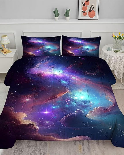 Purple Galaxy Bedding Set Full Size Outer Space Comforter Set for Girls Teens Kids Women Boys Starry Nebula Blue Glitter Quilt 1 Comforter + 2 Pillow Cases - LeafyLoom