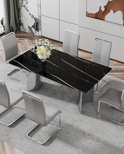 NicBex Modern Minimalist Dining Table Black Imitation Marble Glass Desktop is Equipped with Silver Metal Legs Suitable for Restaurants and Living Rooms, Black + Silver - LeafyLoom