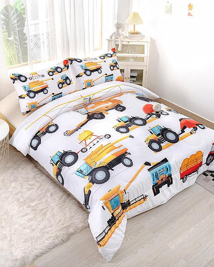 CVHOUSE Tractor Bedding Sets for Boys,Excavators Comforter Full,Boys Cartoon Truck Comforter Set,Trucks Tractors Cars Quilt Set with 1 Comforter and 2 Pillow Cases- 3 Piece - LeafyLoom