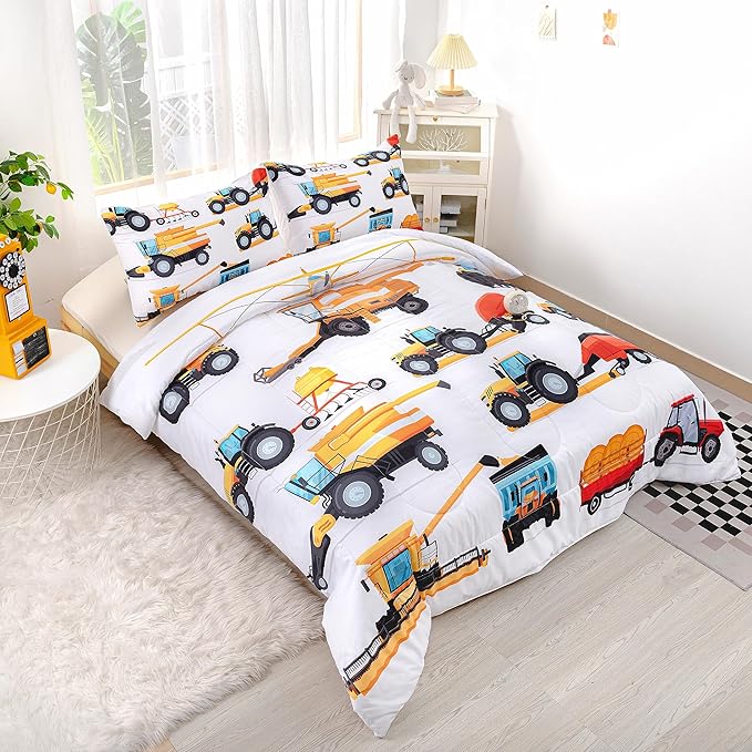 CVHOUSE Tractor Bedding Sets for Boys,Excavators Comforter Full,Boys Cartoon Truck Comforter Set,Trucks Tractors Cars Quilt Set with 1 Comforter and 2 Pillow Cases- 3 Piece - LeafyLoom