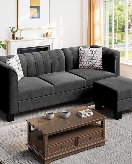 Shintenchi Upgraded Convertible Sectional Sofa Couch, 3 Seat L Shaped Sofa with High Armrest Linen Mid Century Fabric Small Couch for Living Room, Apartment and Office (Charcoal) - LeafyLoom