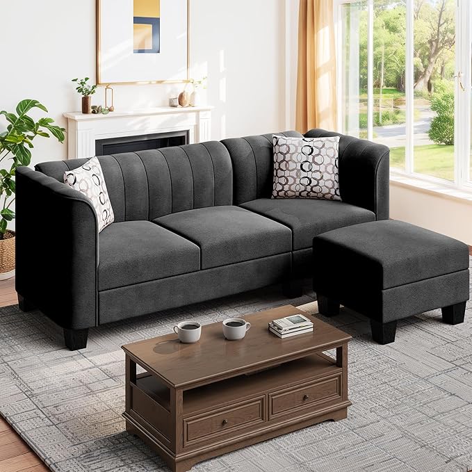 Shintenchi Upgraded Convertible Sectional Sofa Couch, 3 Seat L Shaped Sofa with High Armrest Linen Mid Century Fabric Small Couch for Living Room, Apartment and Office (Charcoal) - LeafyLoom